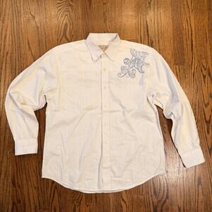 Indigo Joe White Dobby Stripe Graphic Embroidered Button Down Shirt Large White